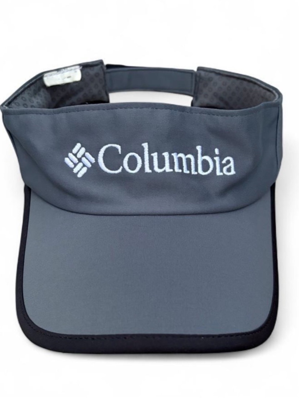 Columbia Sportswear Men’s gray + black visor with white ‘Columbia’ text and logo